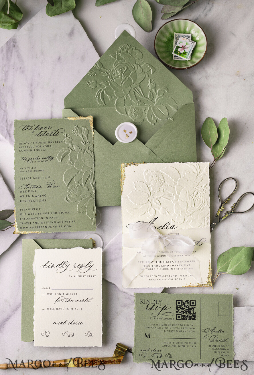 WEDDING INVITATIONS embossed invites  Gold Wedding Invitations,  Fine Art Embossed Blind Sage green deboss Floral Wedding Invitation, Boho Ecru Debossed Invitation suite,  Cotton paper wedding invitation suite with mirror heart