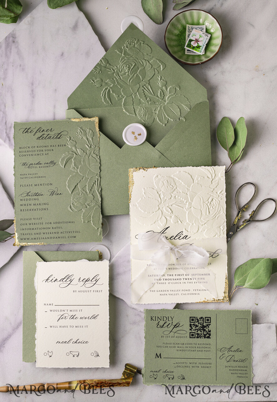 WEDDING INVITATIONS embossed invites  Gold Wedding Invitations,  Fine Art Embossed Blind Sage green deboss Floral Wedding Invitation, Boho Ecru Debossed Invitation suite,  Cotton paper wedding invitation suite with mirror heart