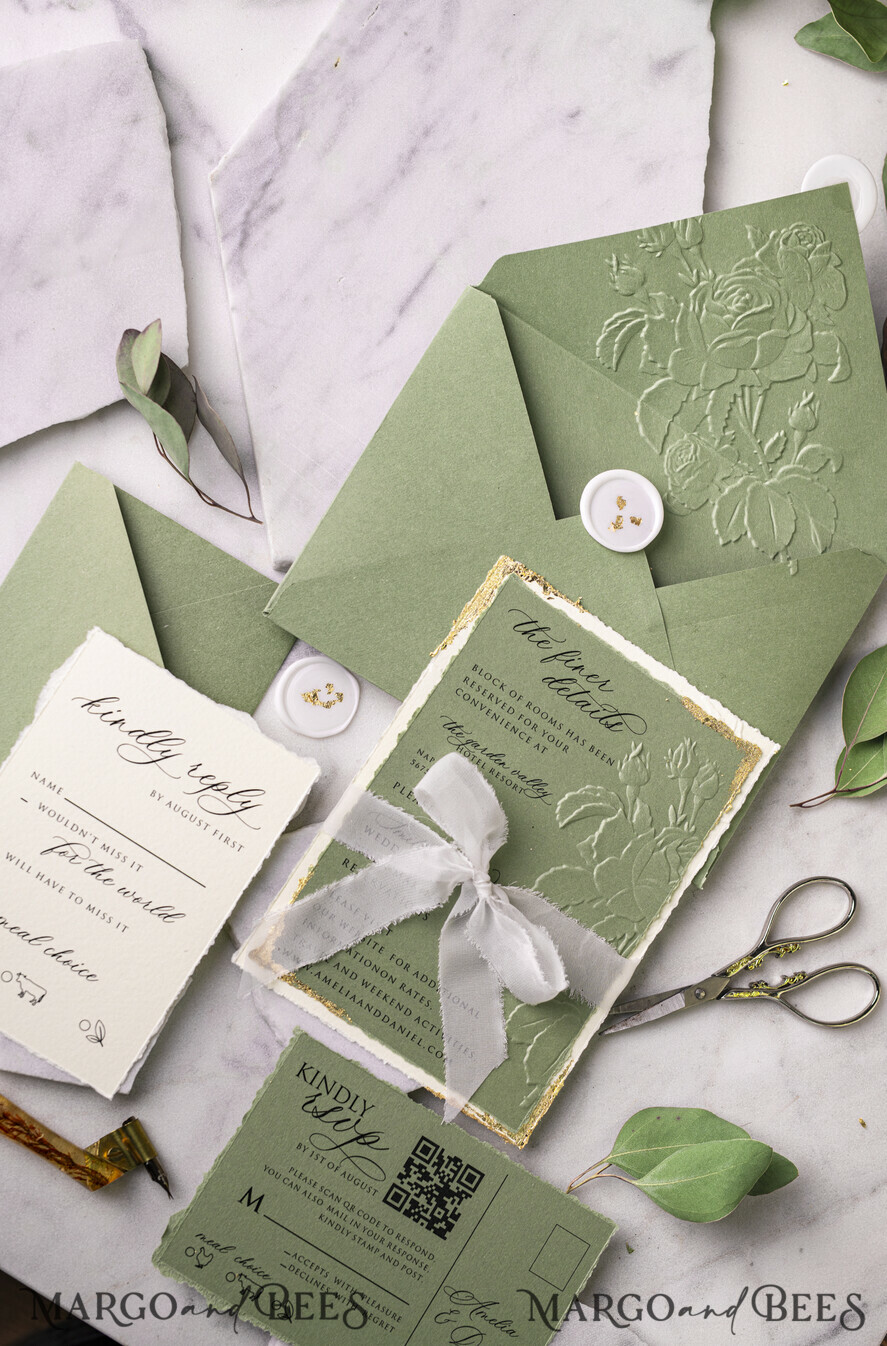 WEDDING INVITATIONS embossed invites  Gold Wedding Invitations,  Fine Art Embossed Blind Sage green deboss Floral Wedding Invitation, Boho Ecru Debossed Invitation suite,  Cotton paper wedding invitation suite with mirror heart