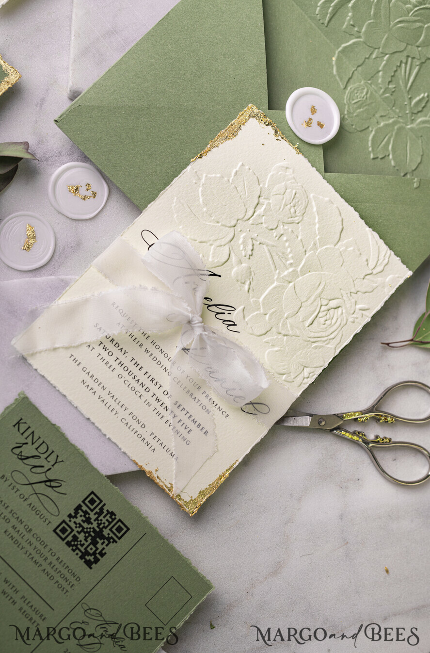 WEDDING INVITATIONS embossed invites  Gold Wedding Invitations,  Fine Art Embossed Blind Sage green deboss Floral Wedding Invitation, Boho Ecru Debossed Invitation suite,  Cotton paper wedding invitation suite with mirror heart