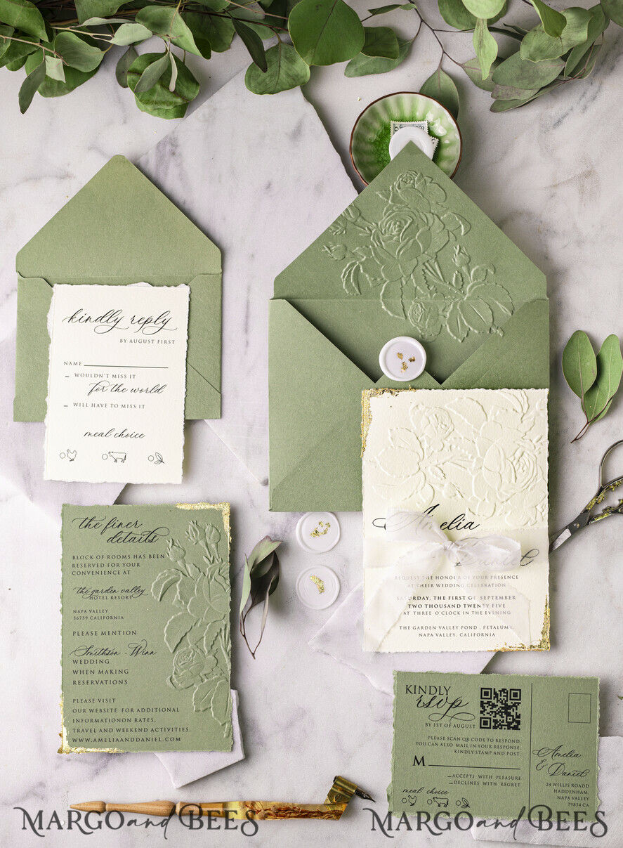 WEDDING INVITATIONS embossed invites  Gold Wedding Invitations,  Fine Art Embossed Blind Sage green deboss Floral Wedding Invitation, Boho Ecru Debossed Invitation suite,  Cotton paper wedding invitation suite with mirror heart