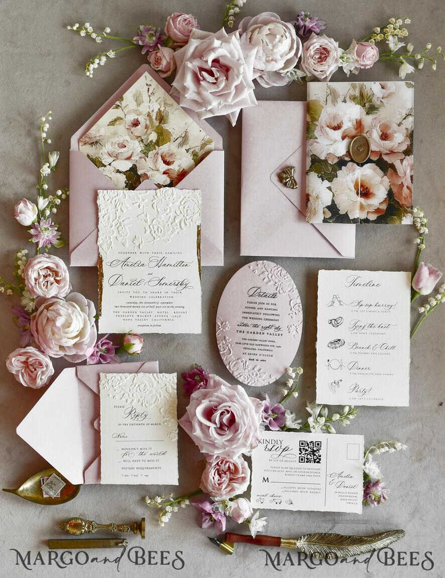 WEDDING INVITATIONS embossed invites Blush Pink Floral Wedding Invitations – Fine Art Invitations with Embossed Details, Floral Envelope Liners