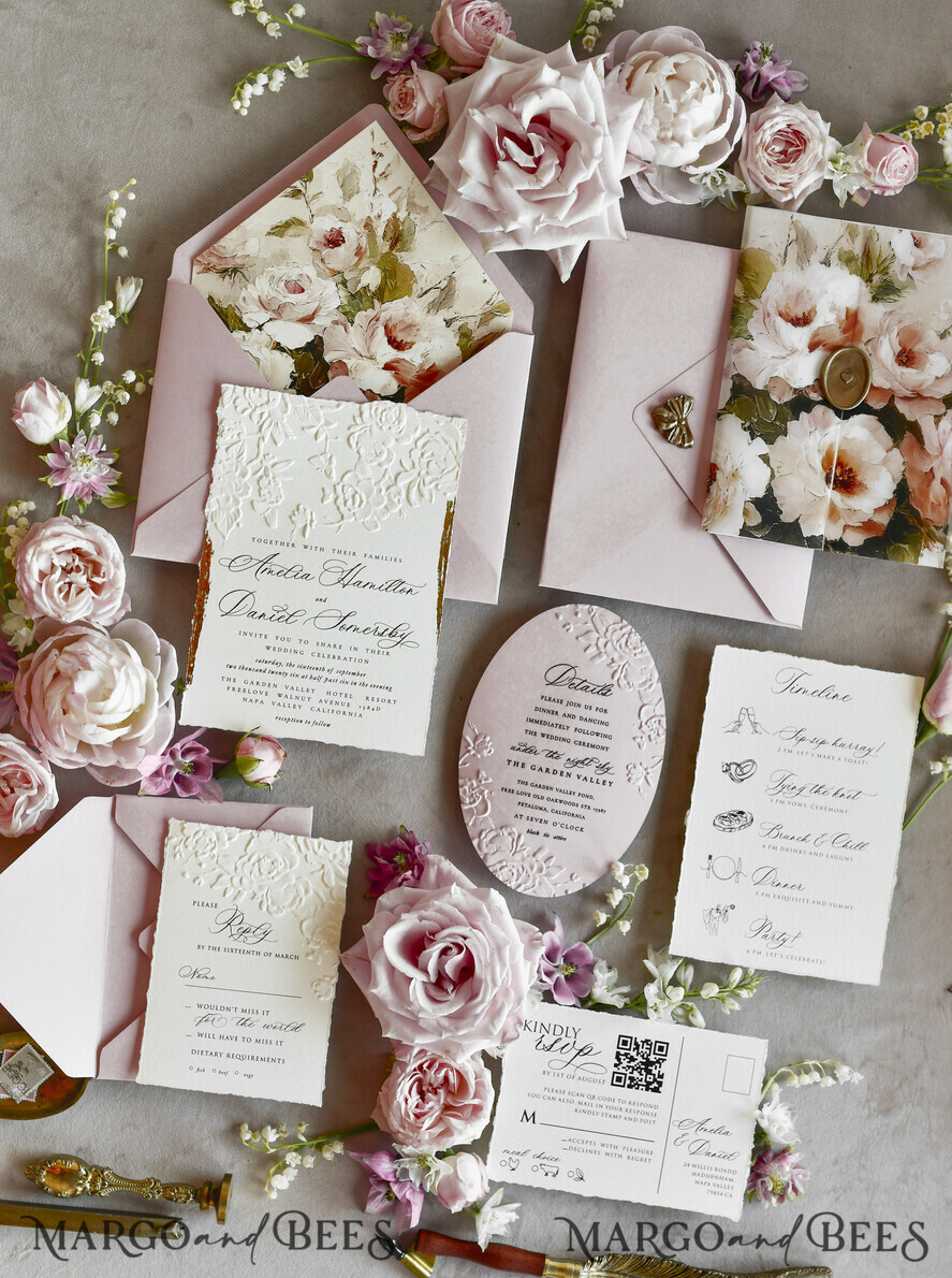 WEDDING INVITATIONS embossed invites Blush Pink Floral Wedding Invitations – Fine Art Invitations with Embossed Details, Floral Envelope Liners