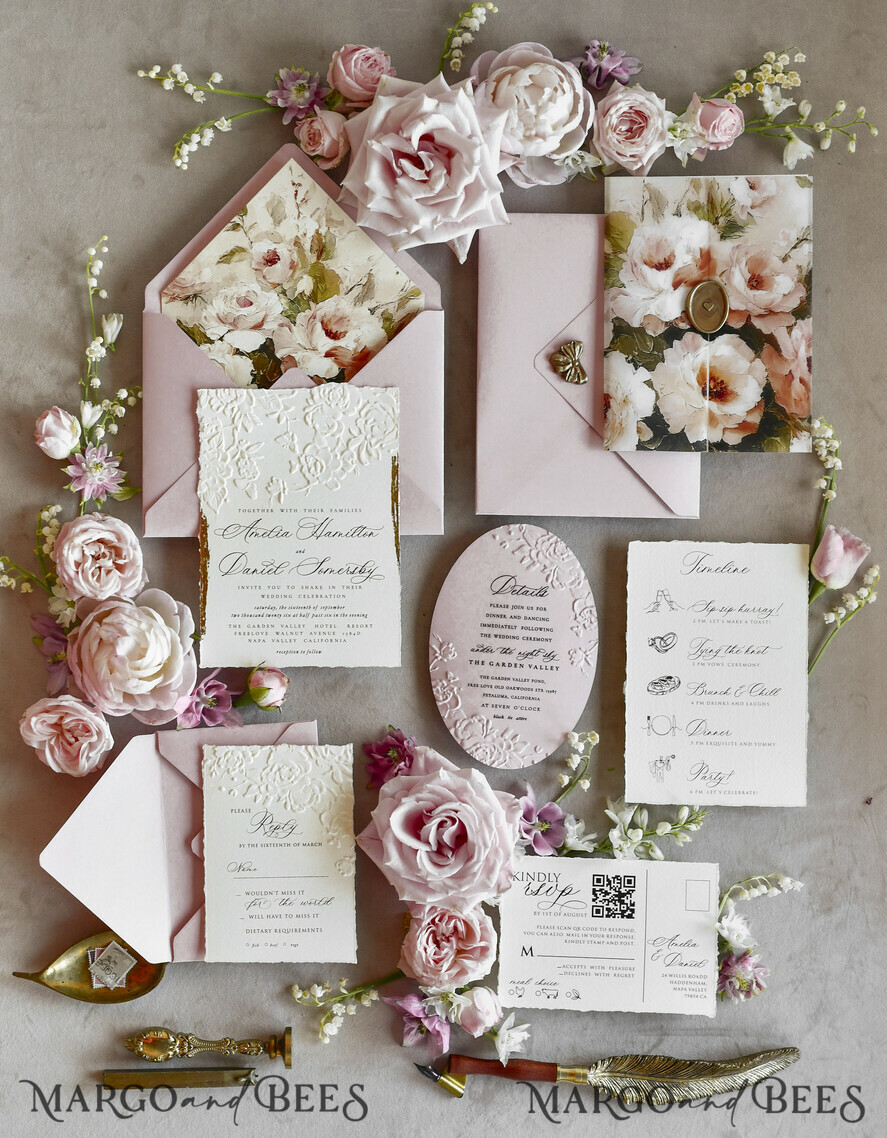 WEDDING INVITATIONS embossed invites Blush Pink Floral Wedding Invitations – Fine Art Invitations with Embossed Details, Floral Envelope Liners