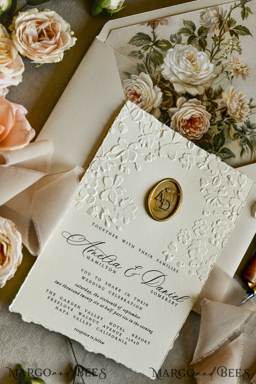 WEDDING INVITATIONS embossed invites  Wedding Invitation, Golden deboss Roses Floral Wedding Invitation, 