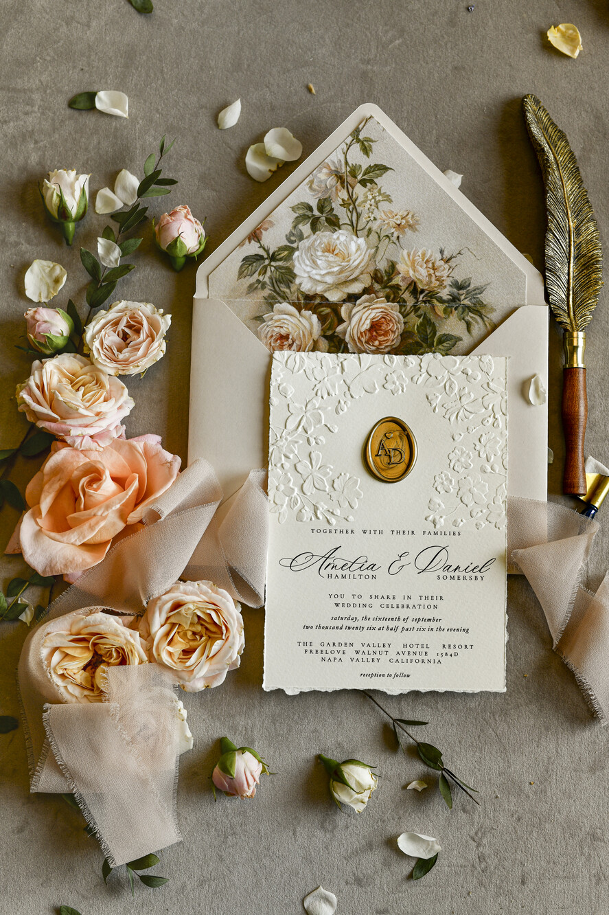 WEDDING INVITATIONS embossed invites  Wedding Invitation, Golden deboss Roses Floral Wedding Invitation, 