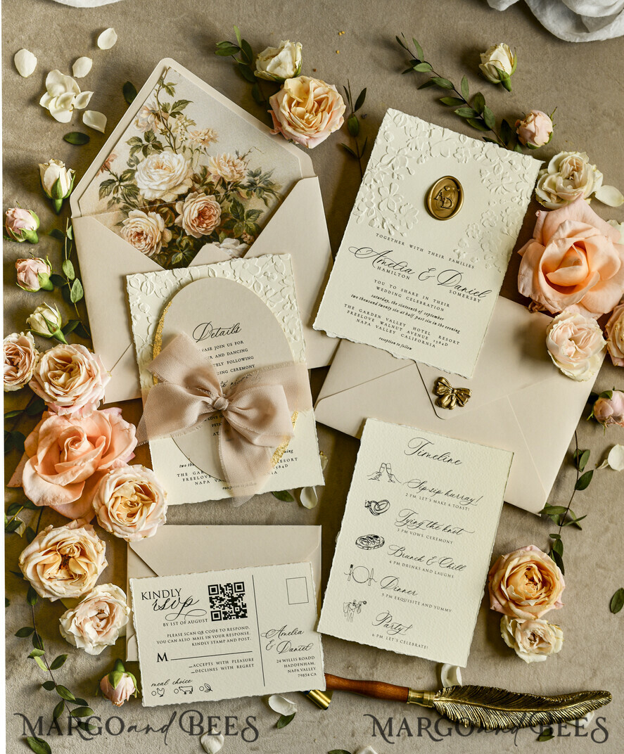 WEDDING INVITATIONS embossed invites  Wedding Invitation, Golden deboss Roses Floral Wedding Invitation, 