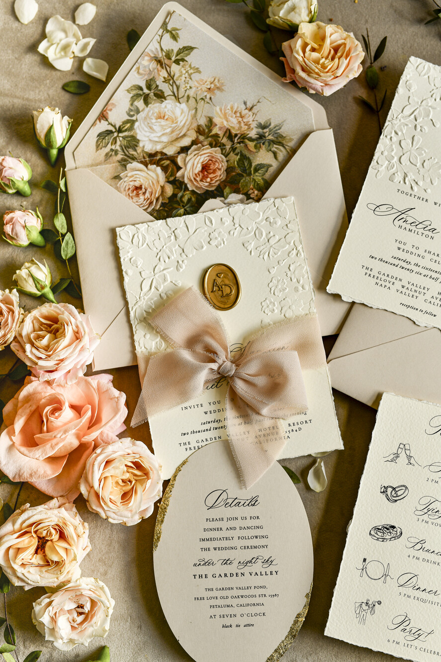WEDDING INVITATIONS embossed invites  Wedding Invitation, Golden deboss Roses Floral Wedding Invitation, 