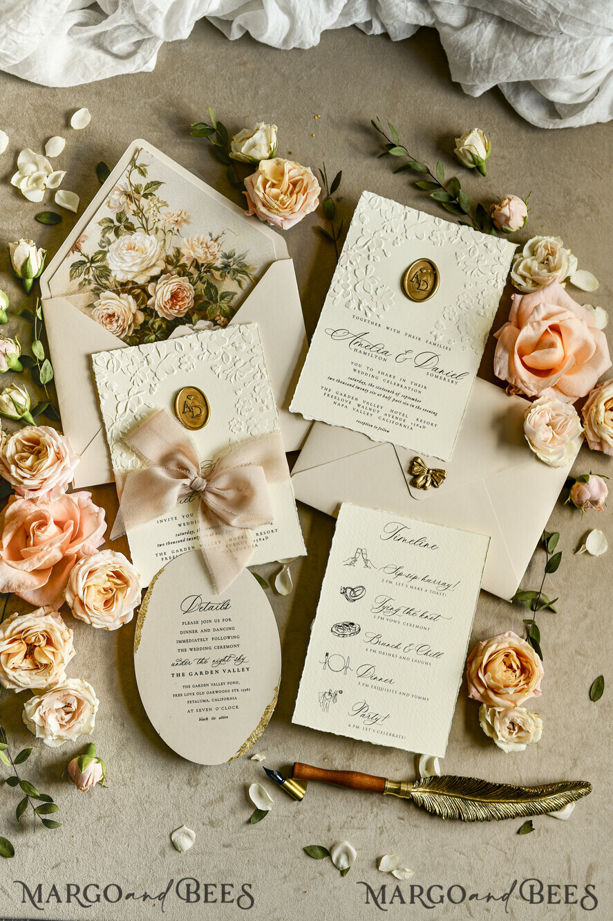 WEDDING INVITATIONS embossed invites  Wedding Invitation, Golden deboss Roses Floral Wedding Invitation, 
