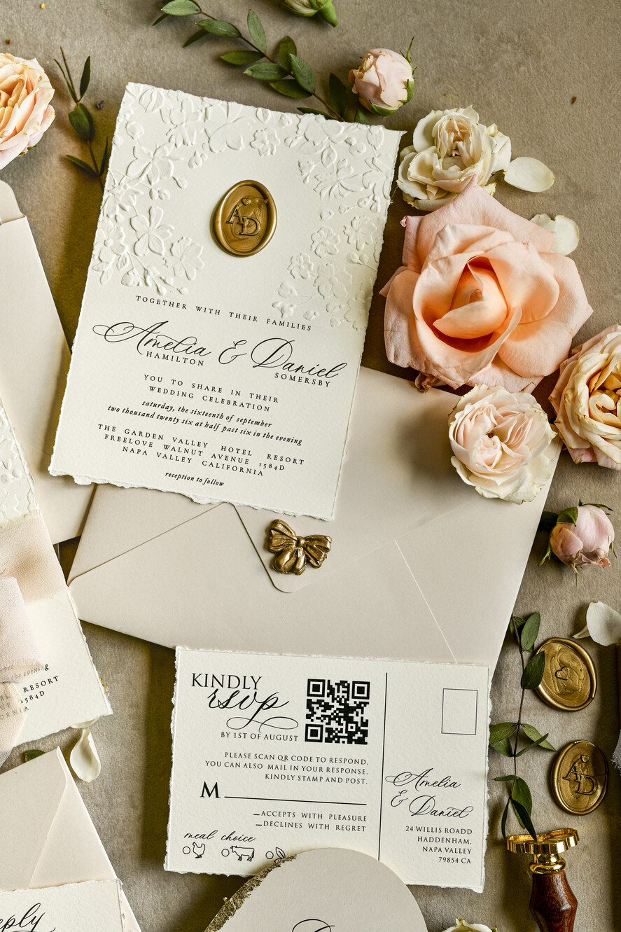 WEDDING INVITATIONS embossed invites  Wedding Invitation, Golden deboss Roses Floral Wedding Invitation, 