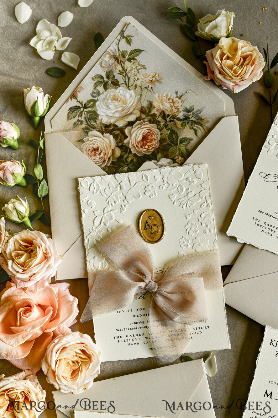 WEDDING INVITATIONS embossed invites  Wedding Invitation, Golden deboss Roses Floral Wedding Invitation, 