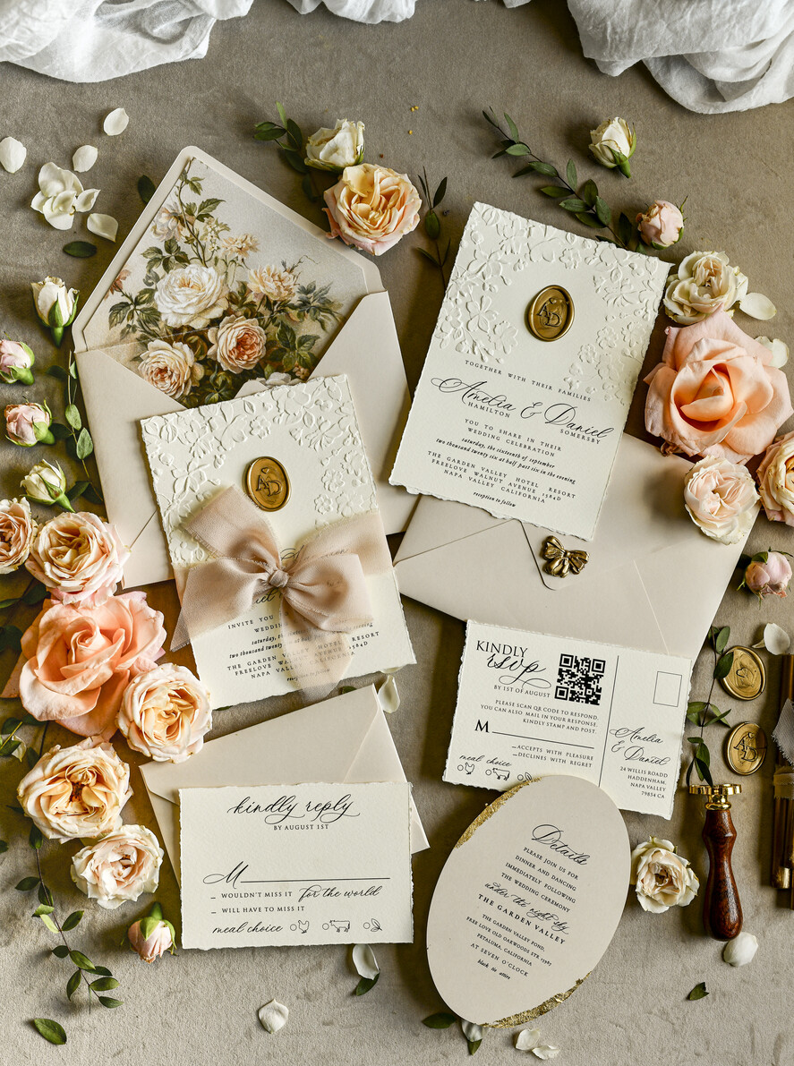 WEDDING INVITATIONS embossed invites  Wedding Invitation, Golden deboss Roses Floral Wedding Invitation, 