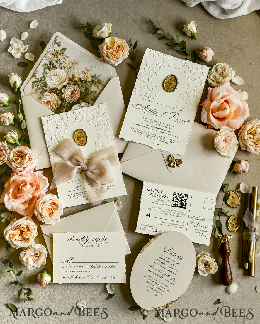 WEDDING INVITATIONS embossed invites  Wedding Invitation, Golden deboss Roses Floral Wedding Invitation, 
