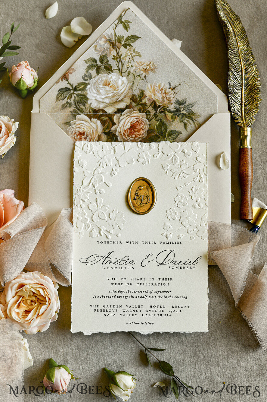 WEDDING INVITATIONS embossed invites  Wedding Invitation, Golden deboss Roses Floral Wedding Invitation, 