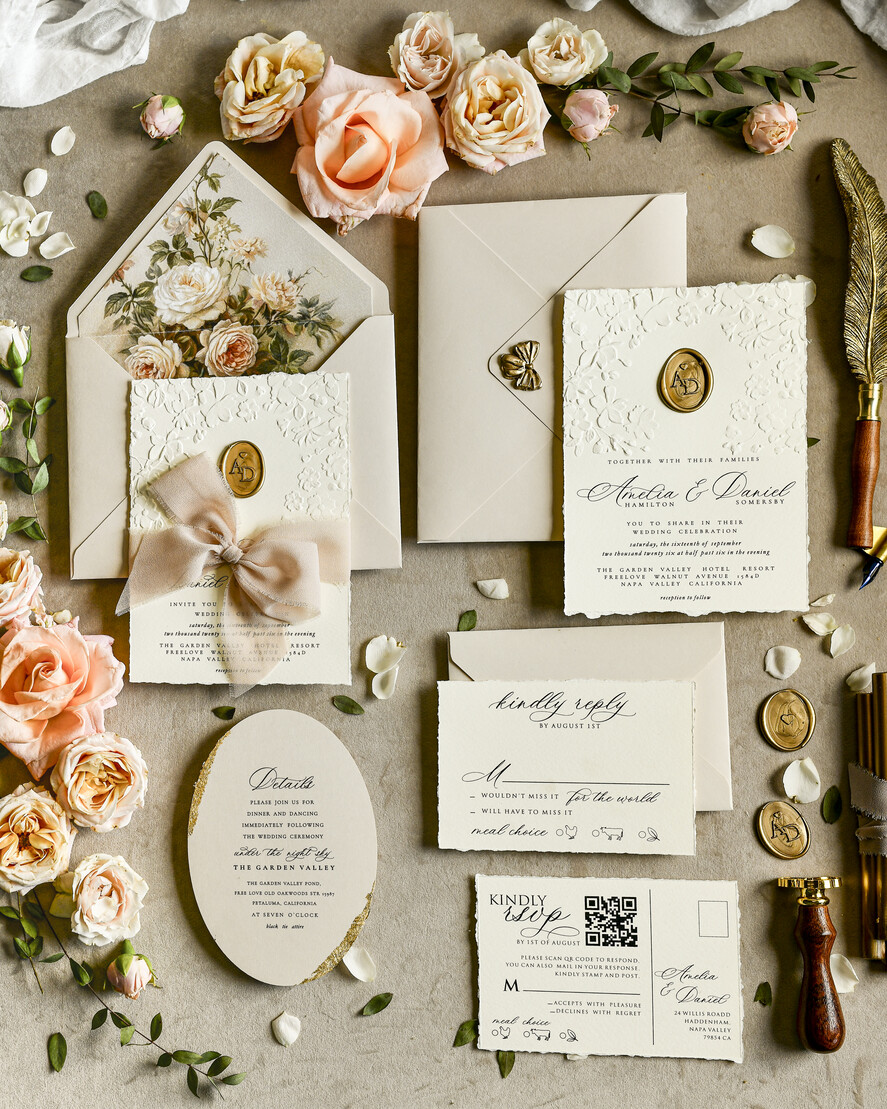WEDDING INVITATIONS embossed invites  Wedding Invitation, Golden deboss Roses Floral Wedding Invitation, 