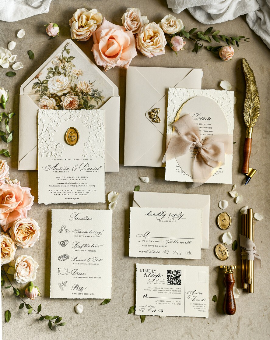WEDDING INVITATIONS embossed invites  Wedding Invitation, Golden deboss Roses Floral Wedding Invitation, 