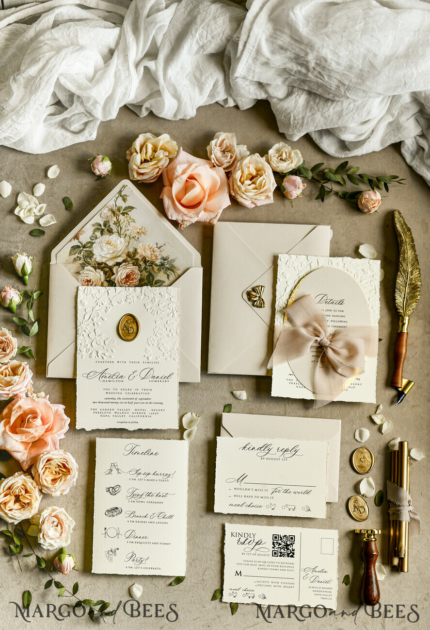 WEDDING INVITATIONS embossed invites  Wedding Invitation, Golden deboss Roses Floral Wedding Invitation, 
