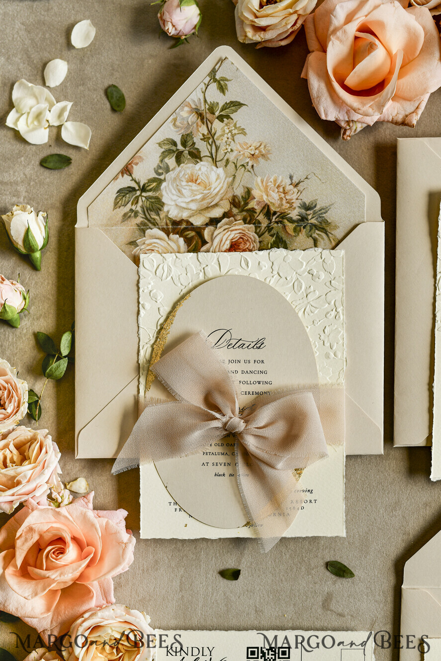 WEDDING INVITATIONS embossed invites  Wedding Invitation, Golden deboss Roses Floral Wedding Invitation, 