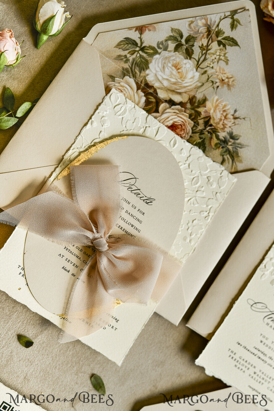 WEDDING INVITATIONS embossed invites  Wedding Invitation, Golden deboss Roses Floral Wedding Invitation, 
