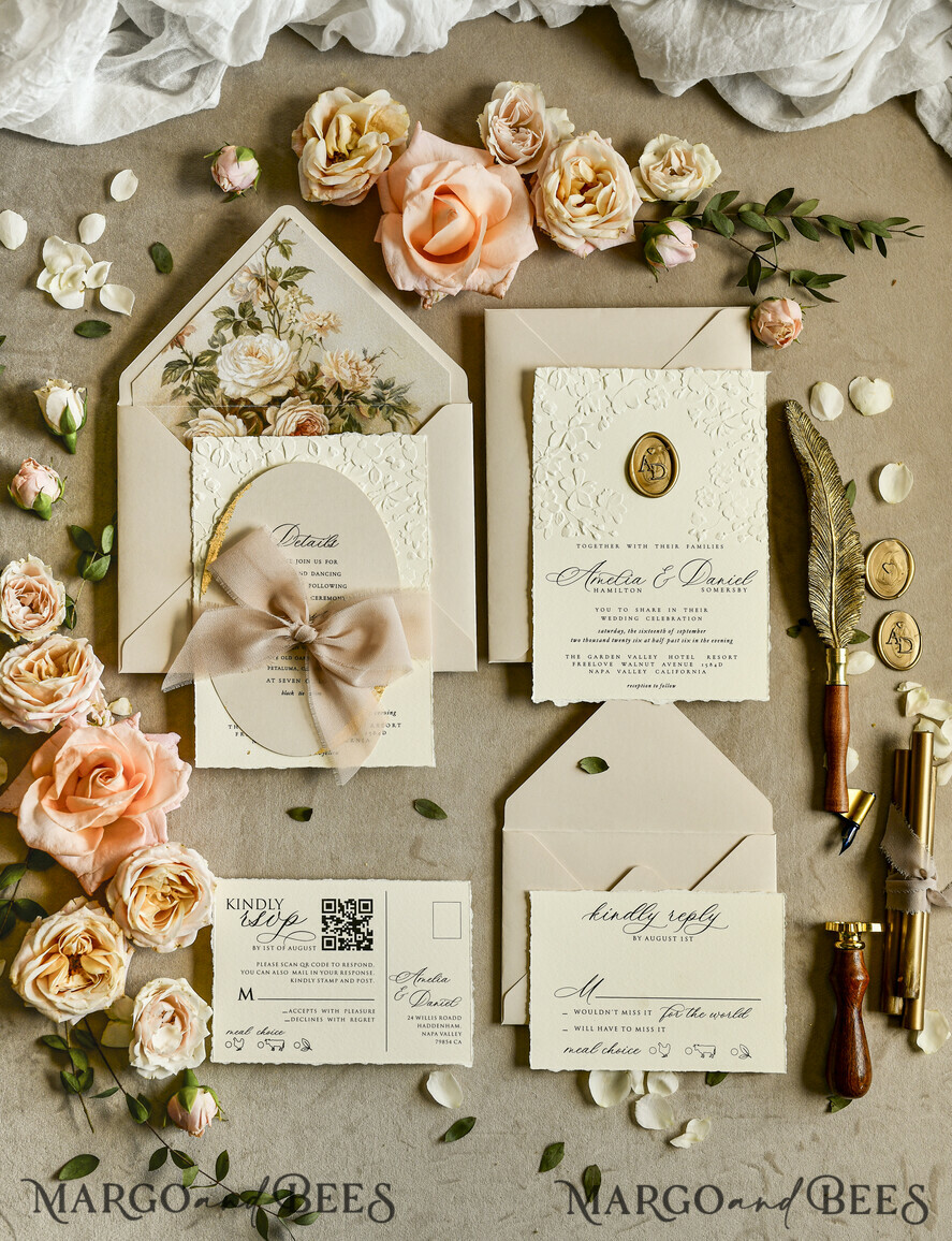 WEDDING INVITATIONS embossed invites  Wedding Invitation, Golden deboss Roses Floral Wedding Invitation, 