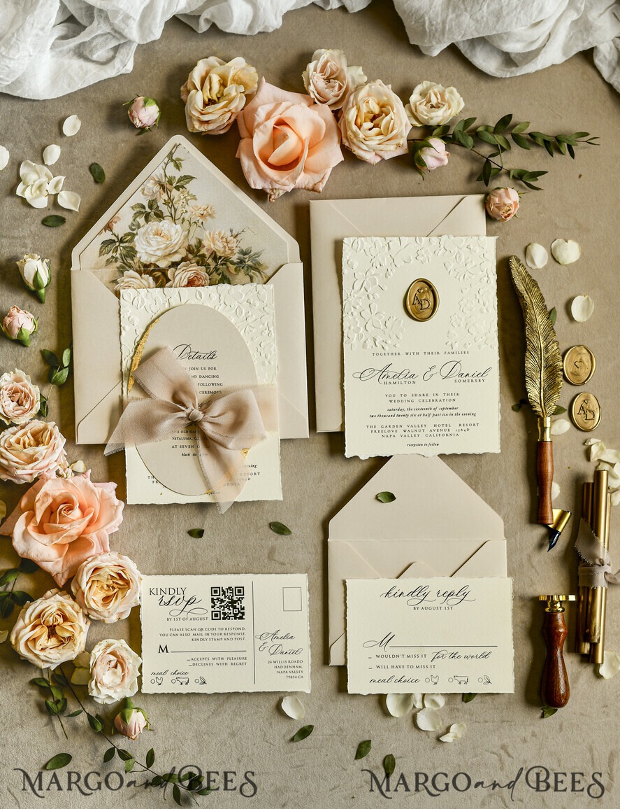 WEDDING INVITATIONS embossed invites  Wedding Invitation, Golden deboss Roses Floral Wedding Invitation, 