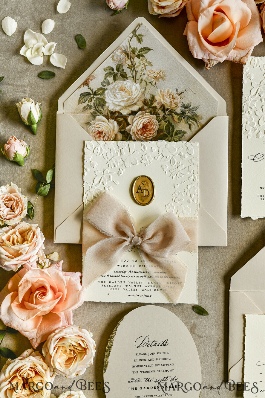 WEDDING INVITATIONS embossed invites  Wedding Invitation, Golden deboss Roses Floral Wedding Invitation, 