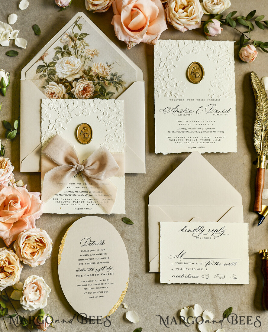 WEDDING INVITATIONS embossed invites  Wedding Invitation, Golden deboss Roses Floral Wedding Invitation, 