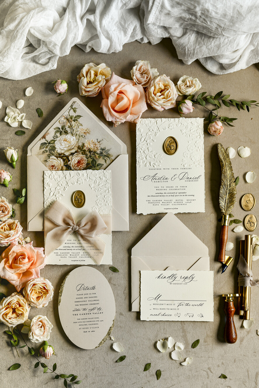WEDDING INVITATIONS embossed invites  Wedding Invitation, Golden deboss Roses Floral Wedding Invitation, 