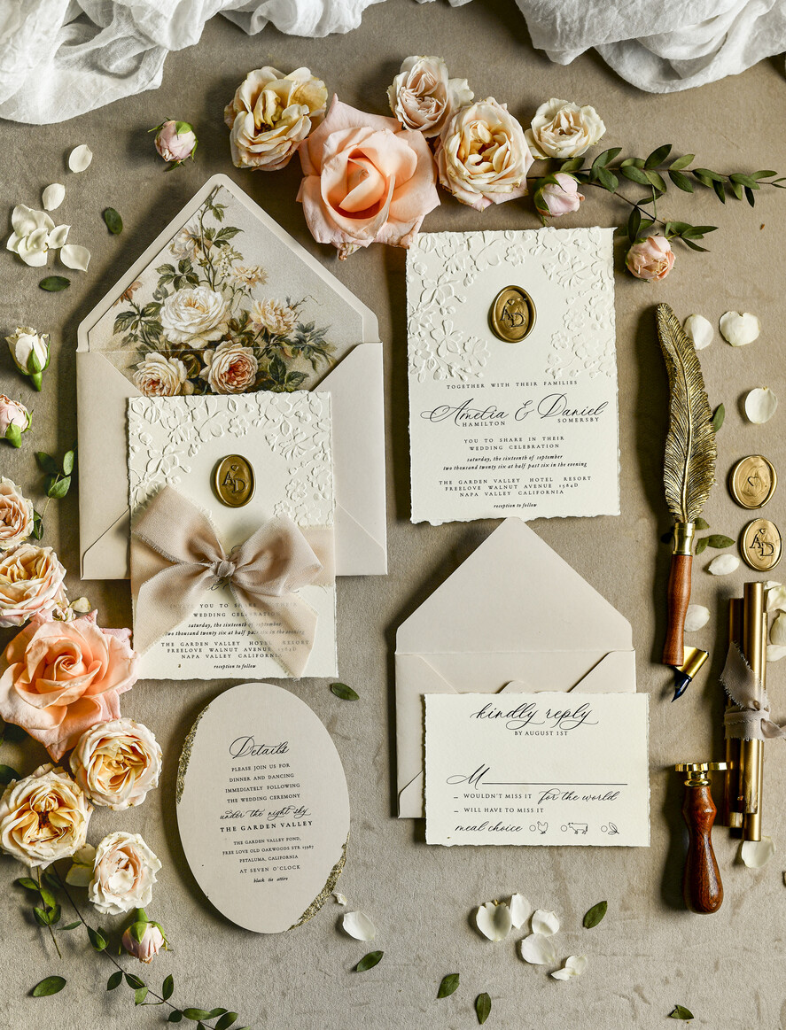 WEDDING INVITATIONS embossed invites  Wedding Invitation, Golden deboss Roses Floral Wedding Invitation, 