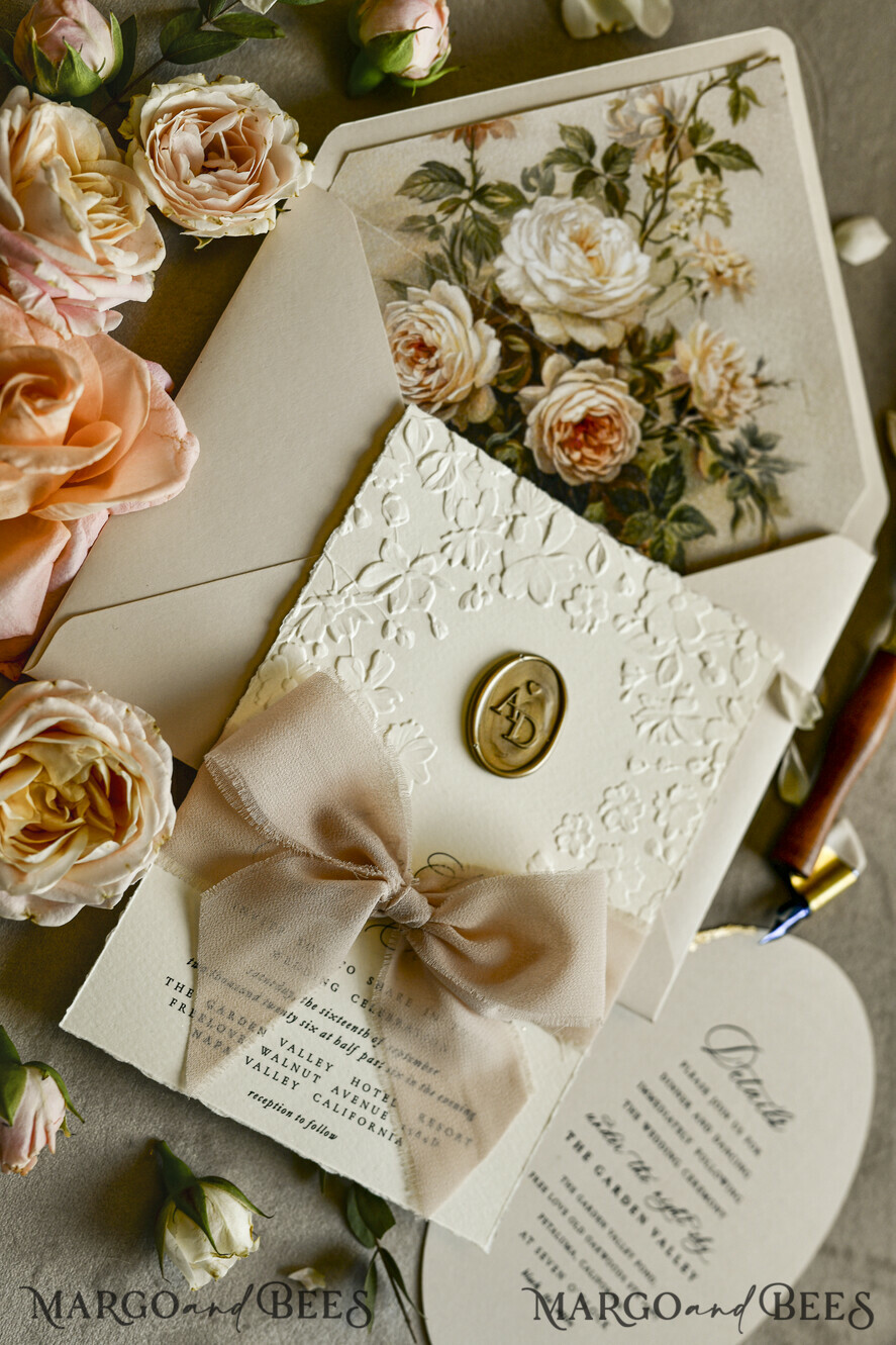 WEDDING INVITATIONS embossed invites  Wedding Invitation, Golden deboss Roses Floral Wedding Invitation, 