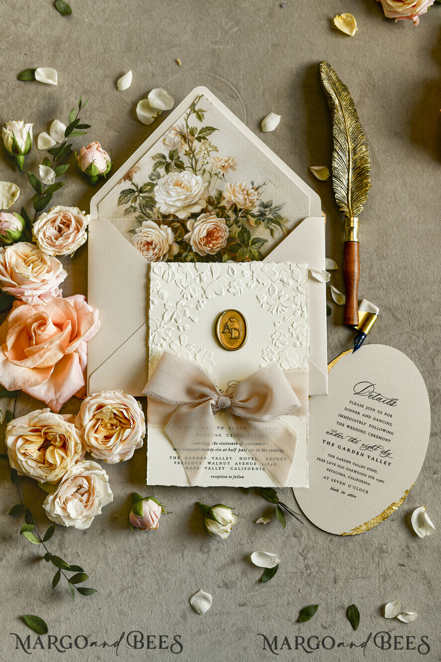 WEDDING INVITATIONS embossed invites  Wedding Invitation, Golden deboss Roses Floral Wedding Invitation, 