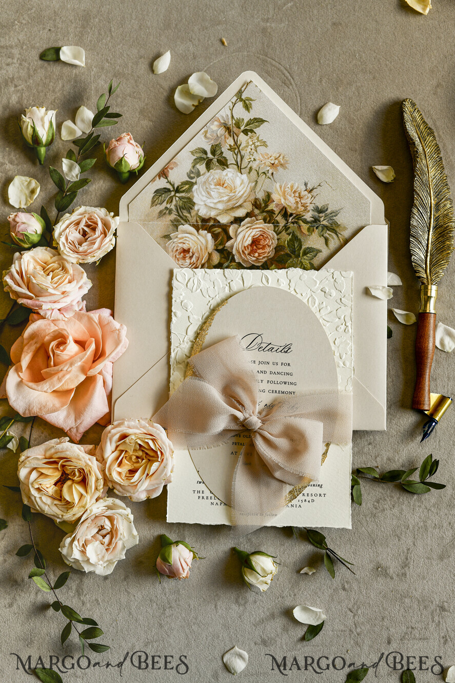 WEDDING INVITATIONS embossed invites  Wedding Invitation, Golden deboss Roses Floral Wedding Invitation, 
