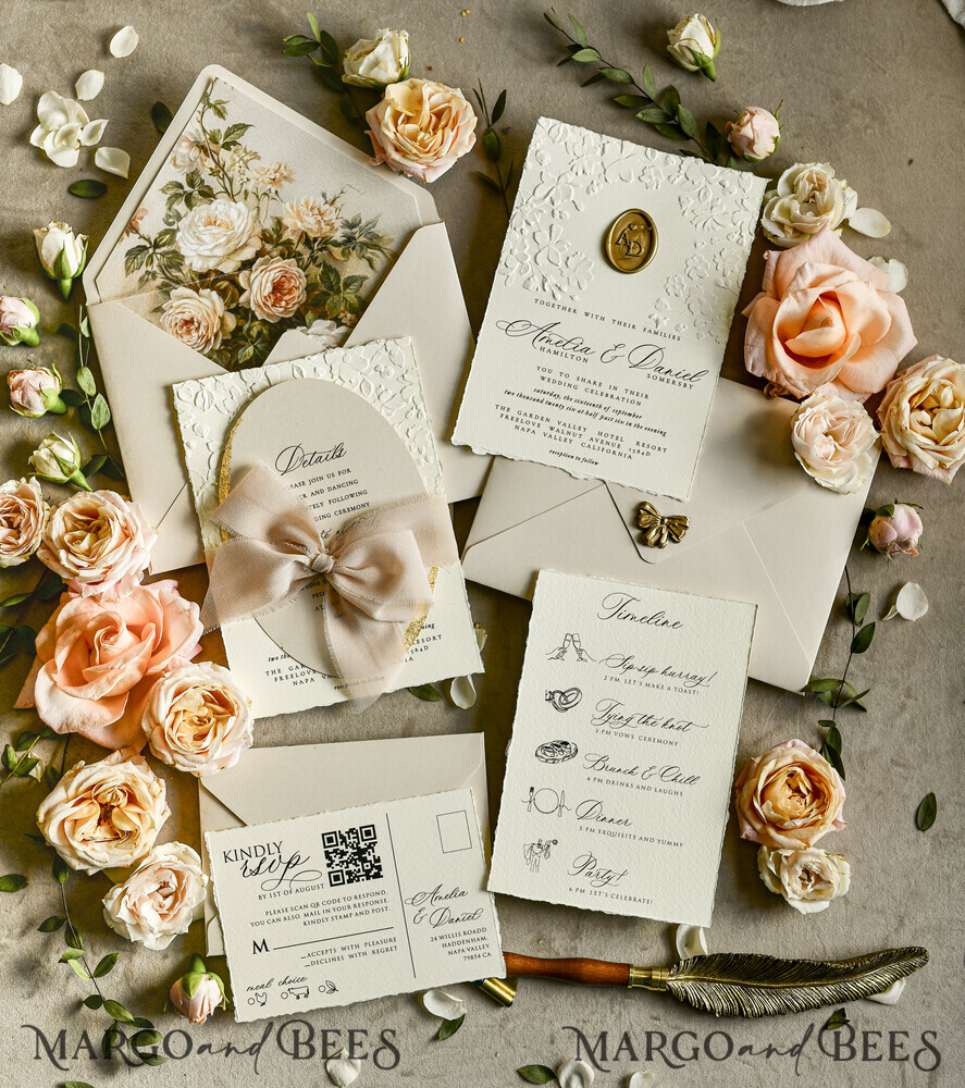 WEDDING INVITATIONS embossed invites  Wedding Invitation, Golden deboss Roses Floral Wedding Invitation, 