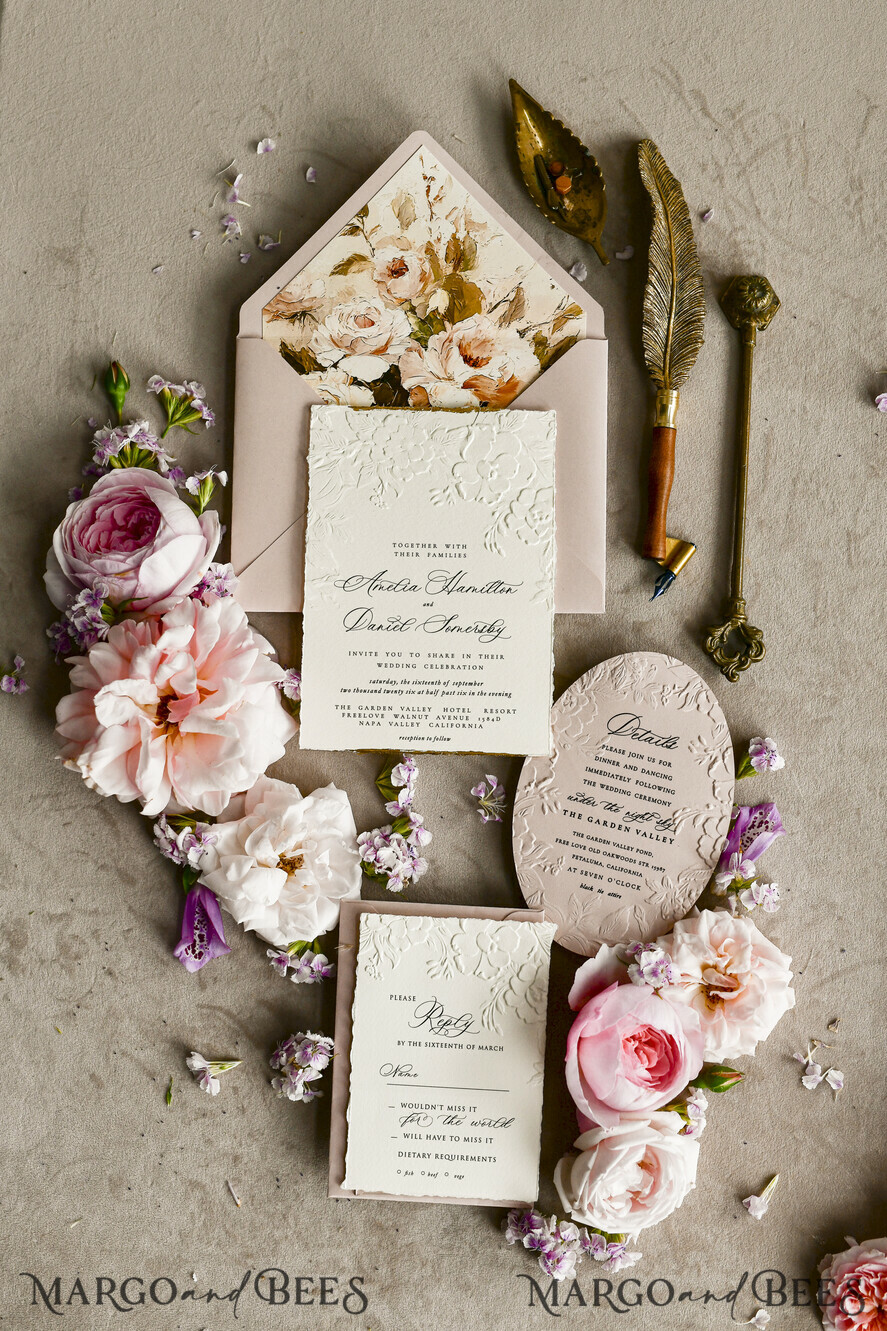 WEDDING INVITATIONS embossed invites Blush Pink Velvet Wedding Invitations – Embossed Floral Invitations with Deckled Edges, Wax Seal & Fine Art Paper