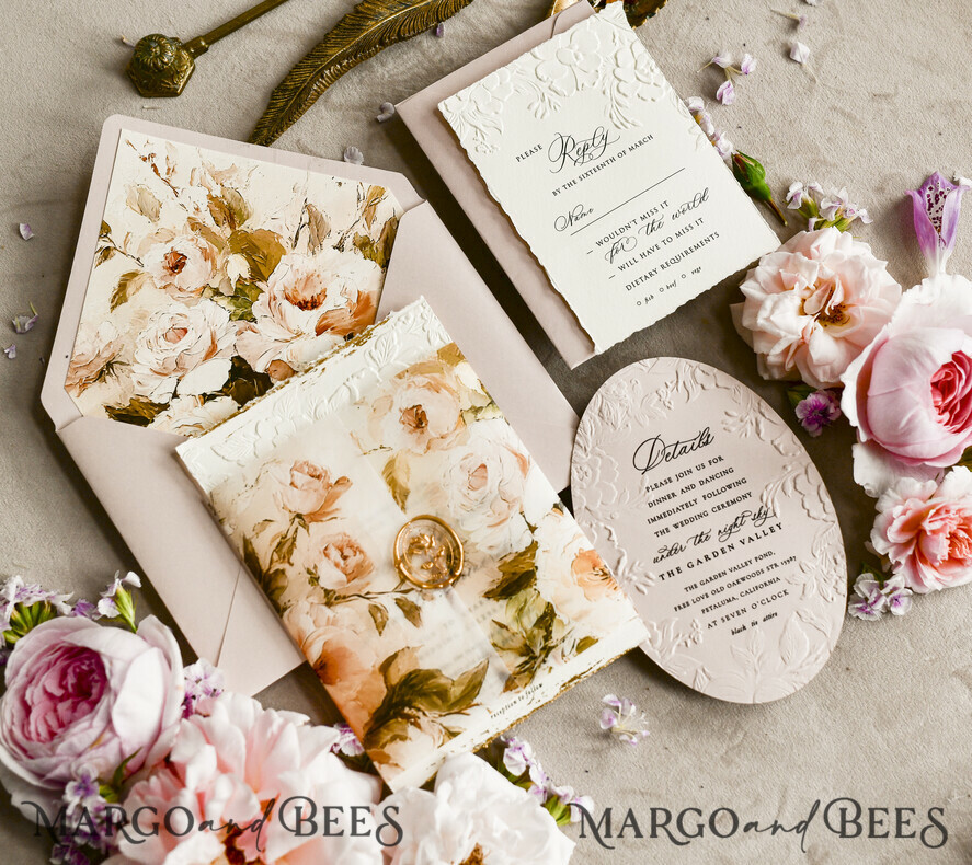 WEDDING INVITATIONS embossed invites Blush Pink Velvet Wedding Invitations – Embossed Floral Invitations with Deckled Edges, Wax Seal & Fine Art Paper