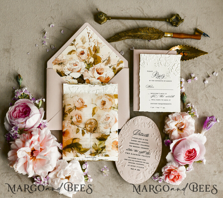 WEDDING INVITATIONS embossed invites Blush Pink Velvet Wedding Invitations – Embossed Floral Invitations with Deckled Edges, Wax Seal & Fine Art Paper