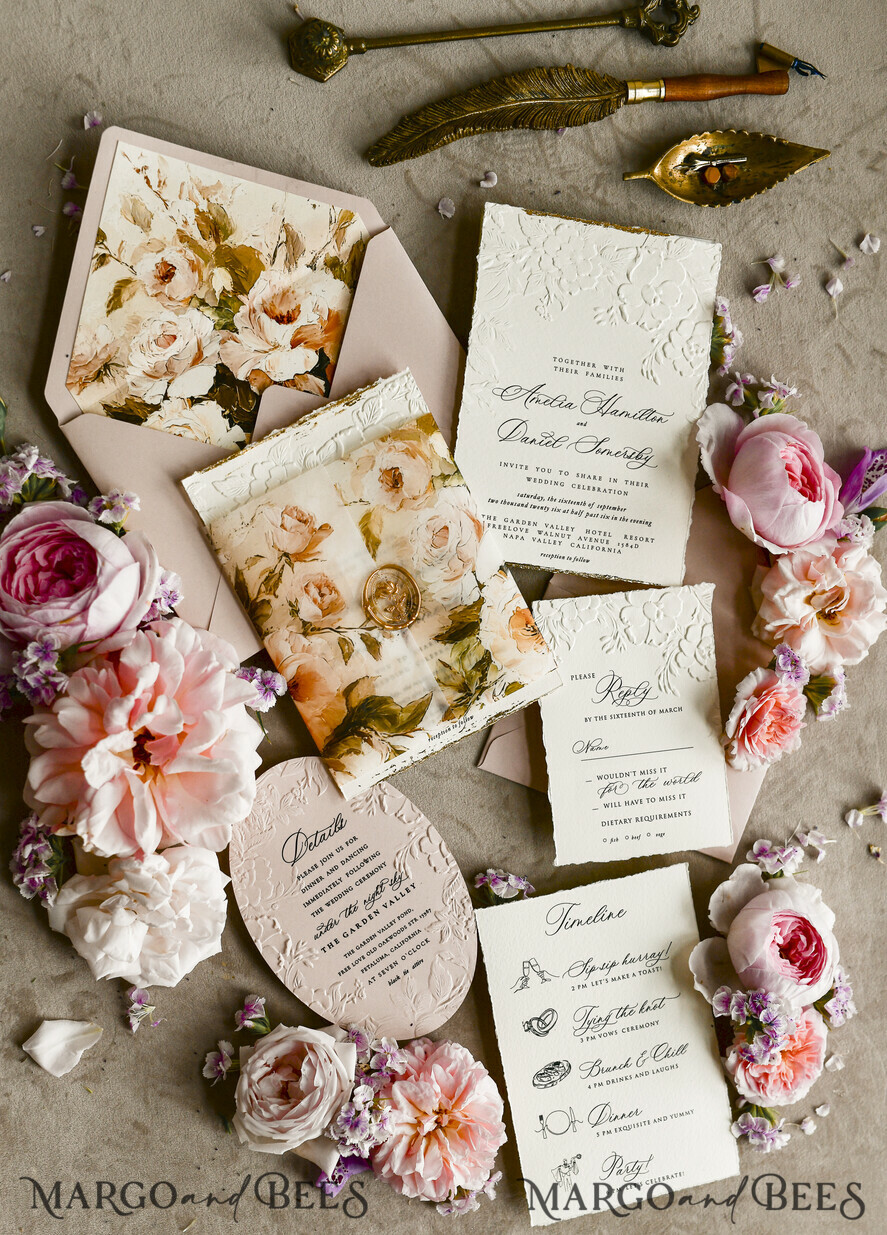 WEDDING INVITATIONS embossed invites Blush Pink Velvet Wedding Invitations – Embossed Floral Invitations with Deckled Edges, Wax Seal & Fine Art Paper