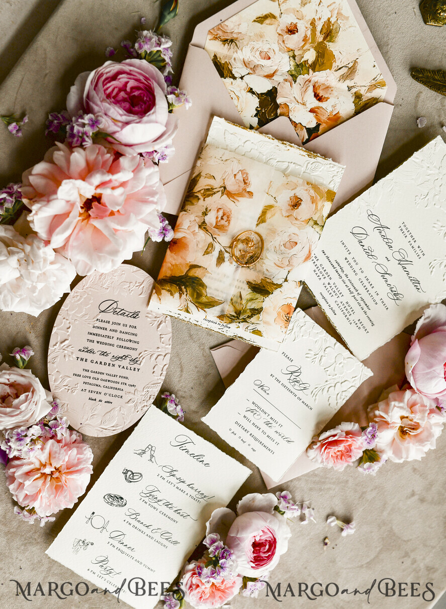 WEDDING INVITATIONS embossed invites Blush Pink Velvet Wedding Invitations – Embossed Floral Invitations with Deckled Edges, Wax Seal & Fine Art Paper