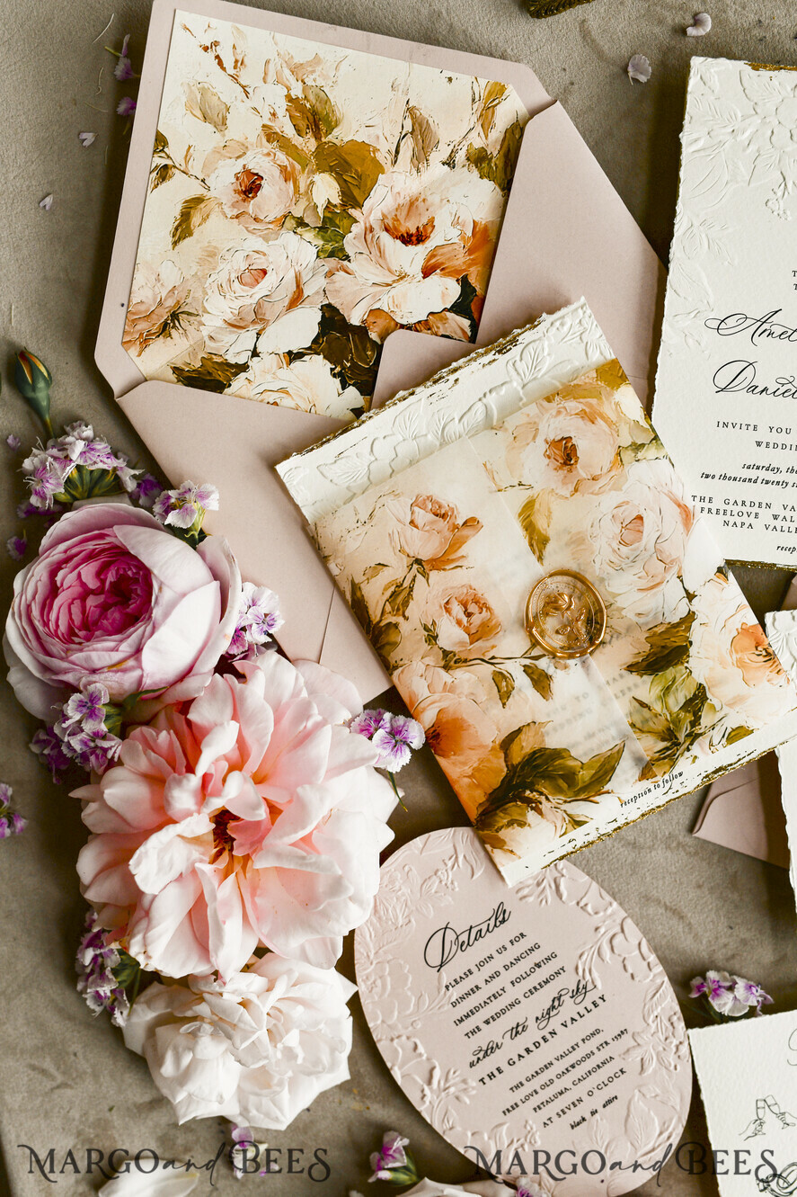 WEDDING INVITATIONS embossed invites Blush Pink Velvet Wedding Invitations – Embossed Floral Invitations with Deckled Edges, Wax Seal & Fine Art Paper