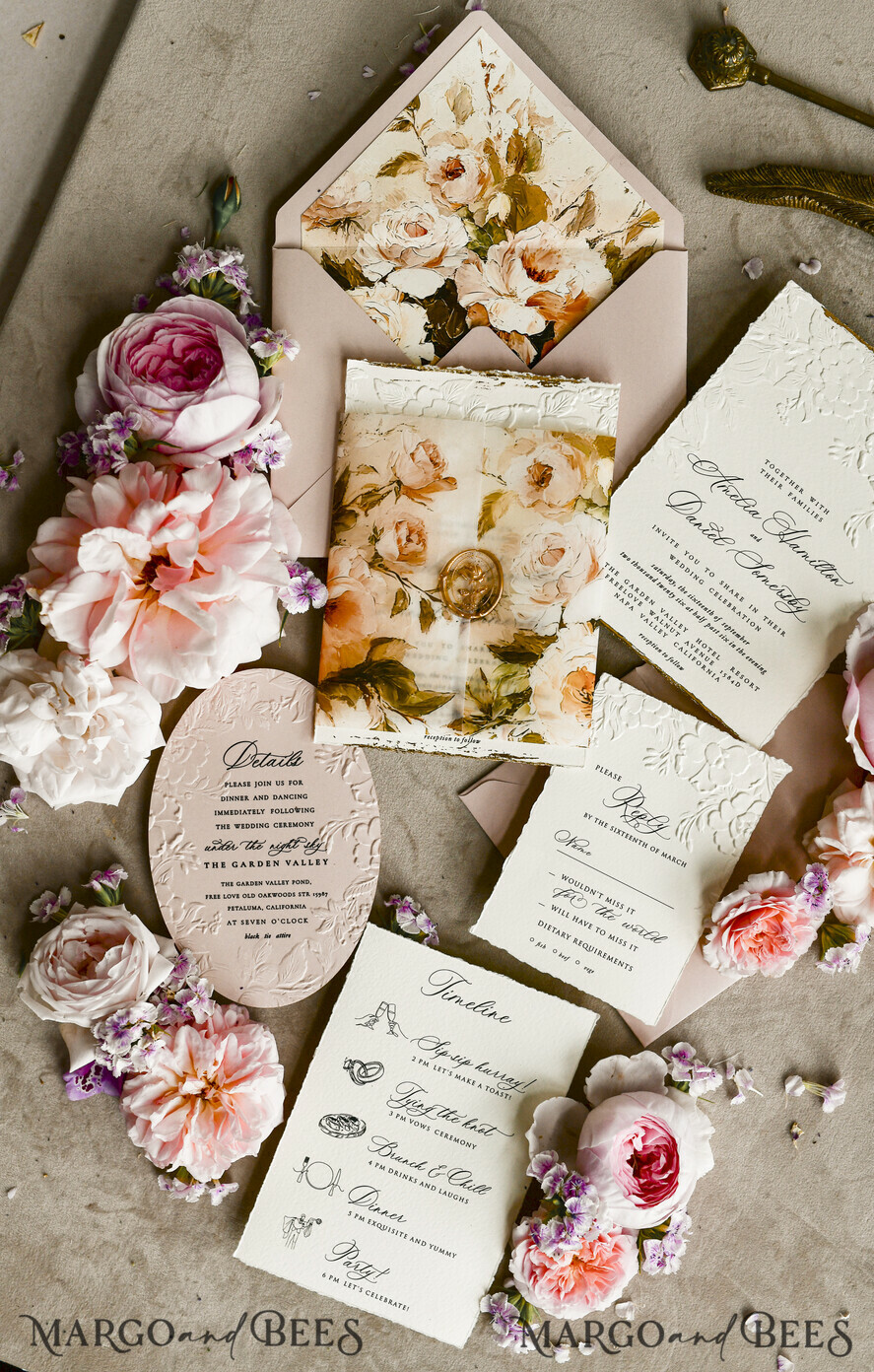 WEDDING INVITATIONS embossed invites Blush Pink Velvet Wedding Invitations – Embossed Floral Invitations with Deckled Edges, Wax Seal & Fine Art Paper
