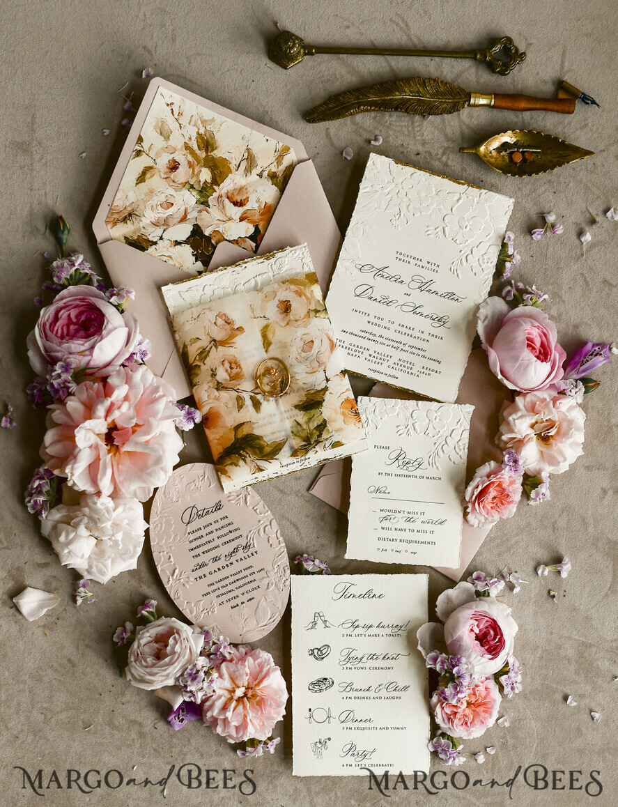 WEDDING INVITATIONS embossed invites Blush Pink Velvet Wedding Invitations – Embossed Floral Invitations with Deckled Edges, Wax Seal & Fine Art Paper