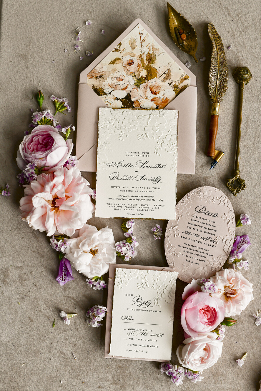 WEDDING INVITATIONS embossed invites Blush Pink Velvet Wedding Invitations – Embossed Floral Invitations with Deckled Edges, Wax Seal & Fine Art Paper