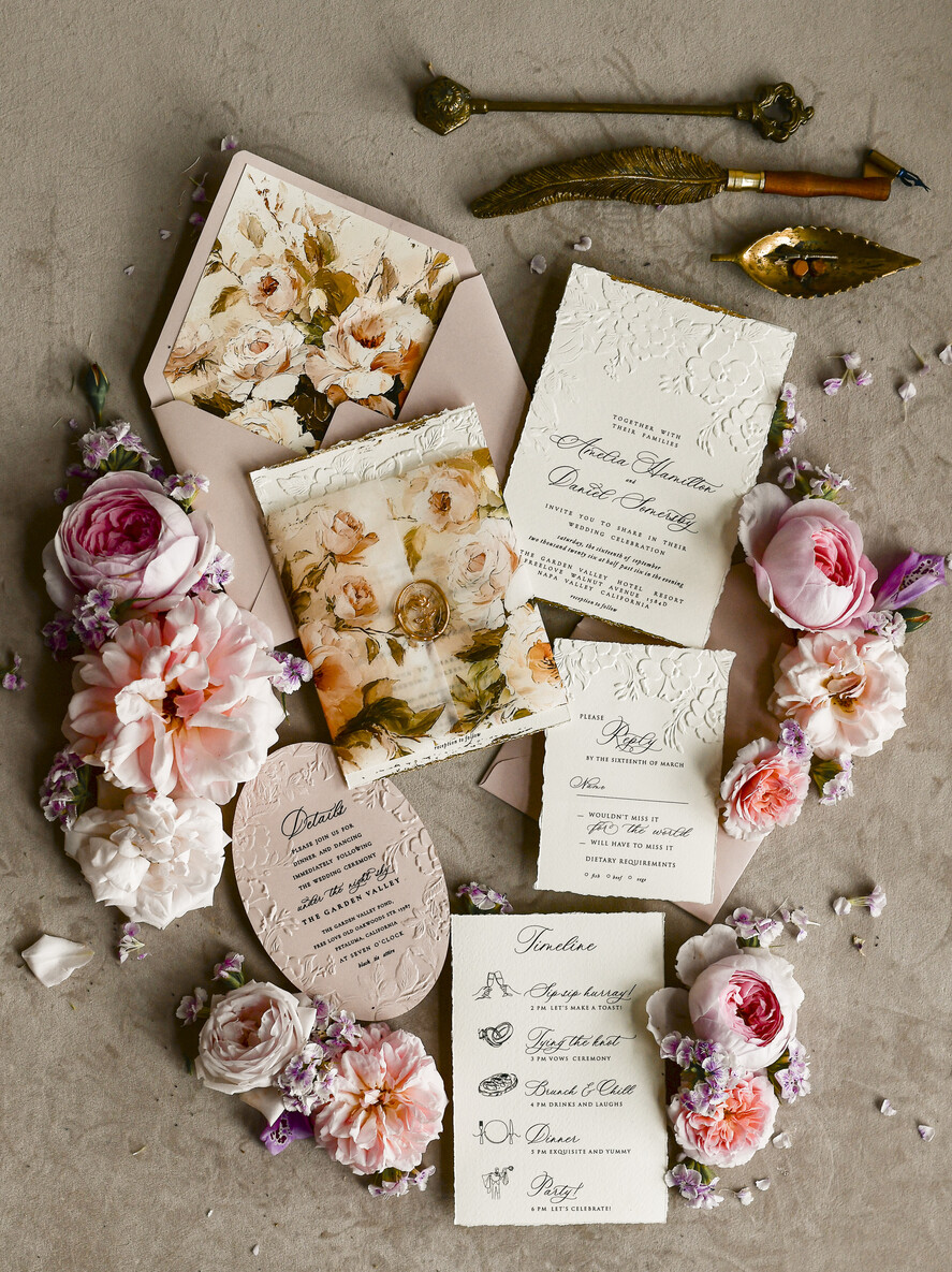 WEDDING INVITATIONS embossed invites Blush Pink Velvet Wedding Invitations – Embossed Floral Invitations with Deckled Edges, Wax Seal & Fine Art Paper