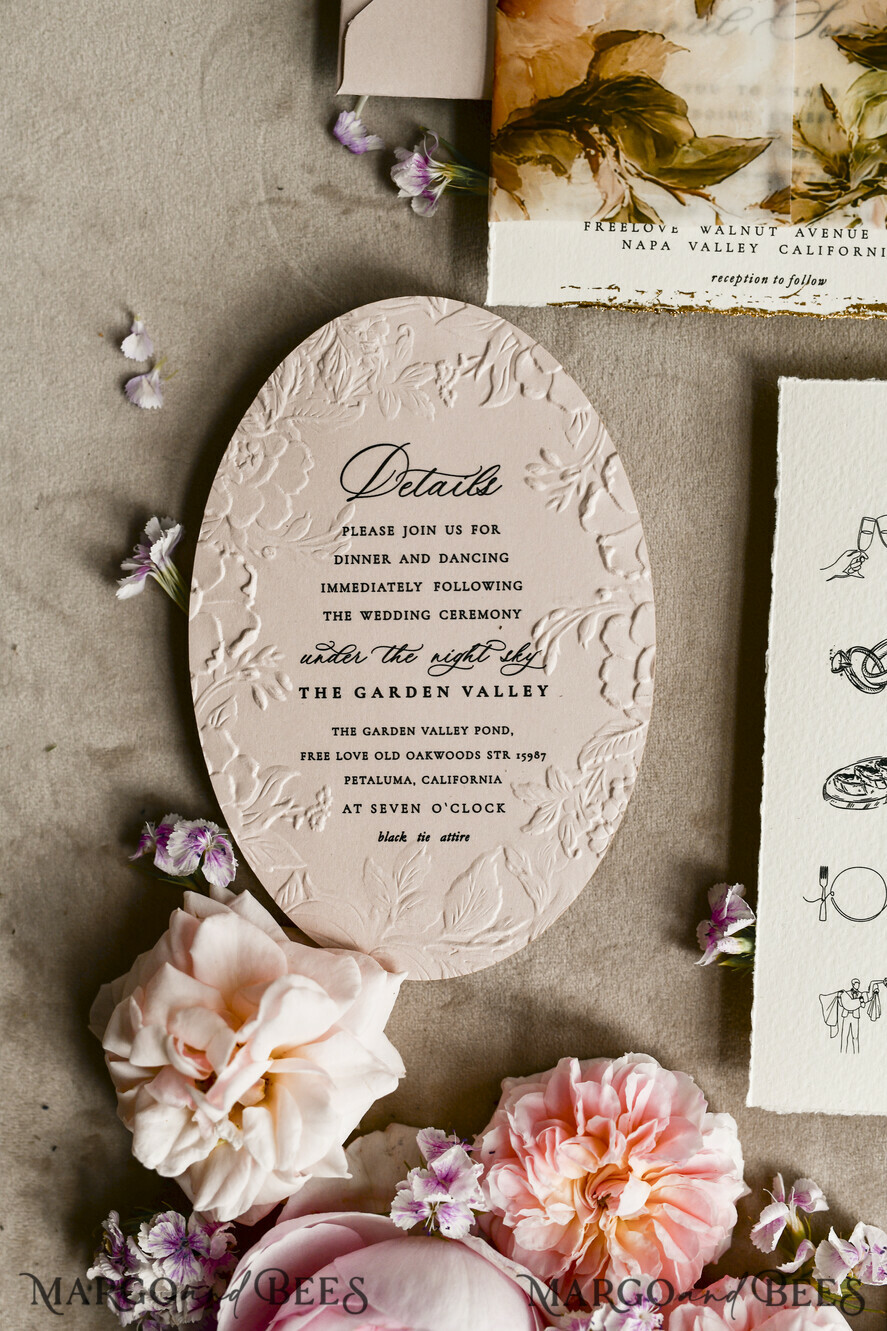 WEDDING INVITATIONS embossed invites Blush Pink Velvet Wedding Invitations – Embossed Floral Invitations with Deckled Edges, Wax Seal & Fine Art Paper