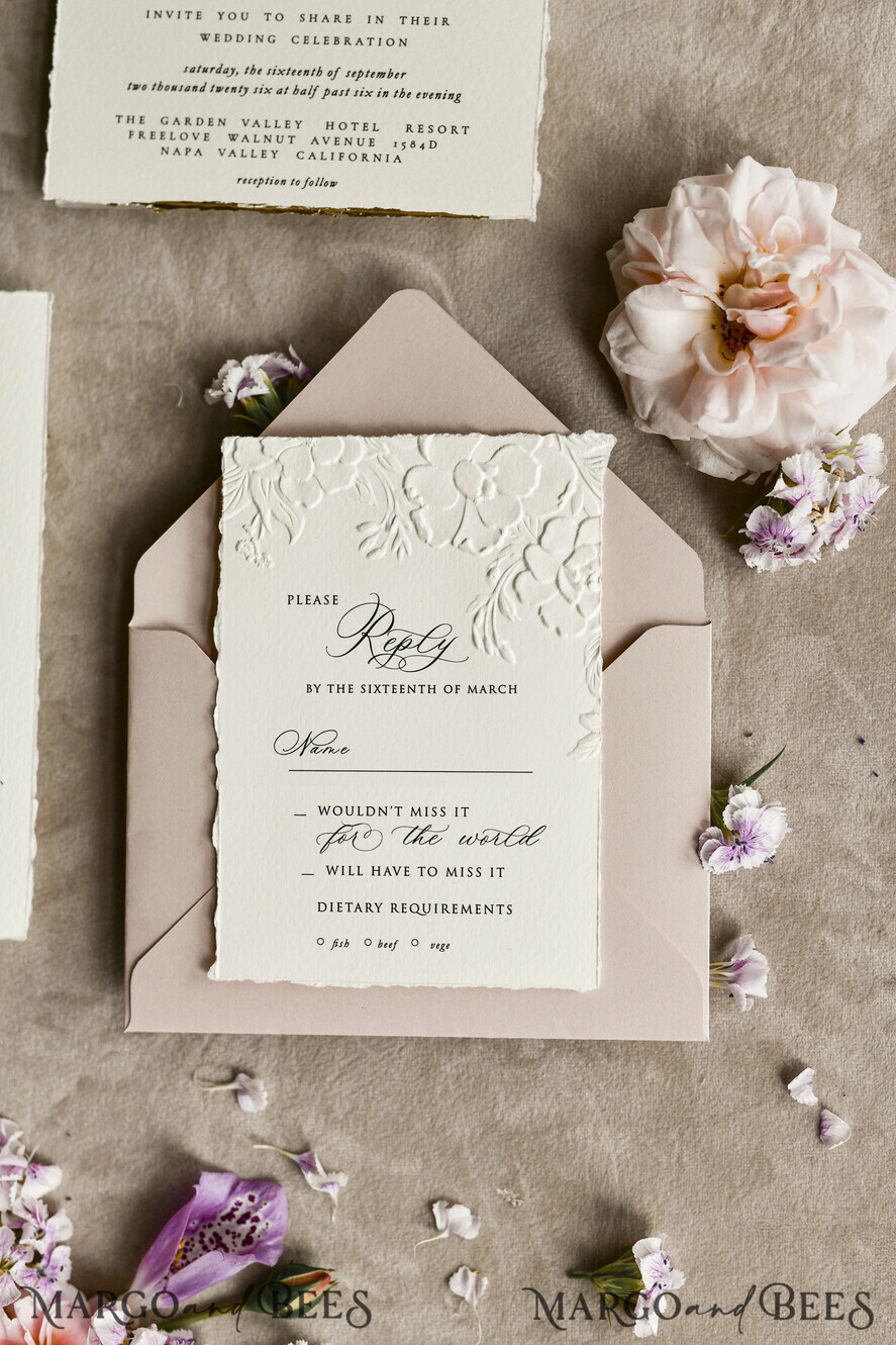 WEDDING INVITATIONS embossed invites Blush Pink Velvet Wedding Invitations – Embossed Floral Invitations with Deckled Edges, Wax Seal & Fine Art Paper