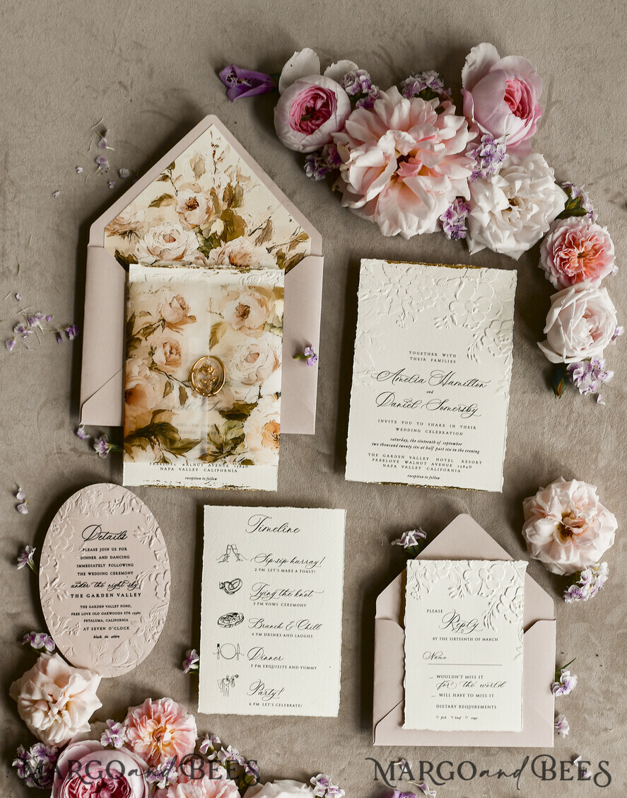 WEDDING INVITATIONS embossed invites Blush Pink Velvet Wedding Invitations – Embossed Floral Invitations with Deckled Edges, Wax Seal & Fine Art Paper