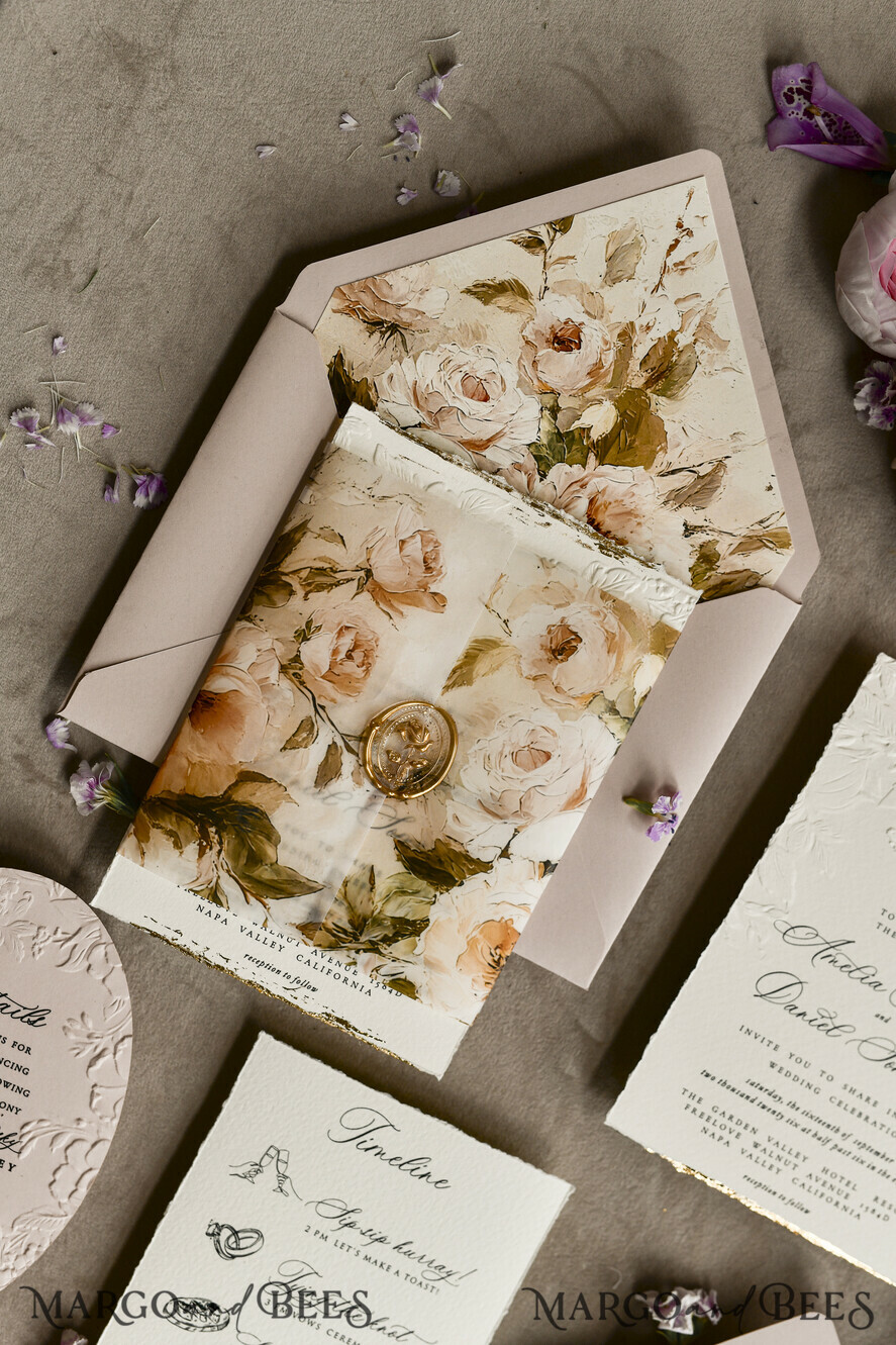 WEDDING INVITATIONS embossed invites Blush Pink Velvet Wedding Invitations – Embossed Floral Invitations with Deckled Edges, Wax Seal & Fine Art Paper