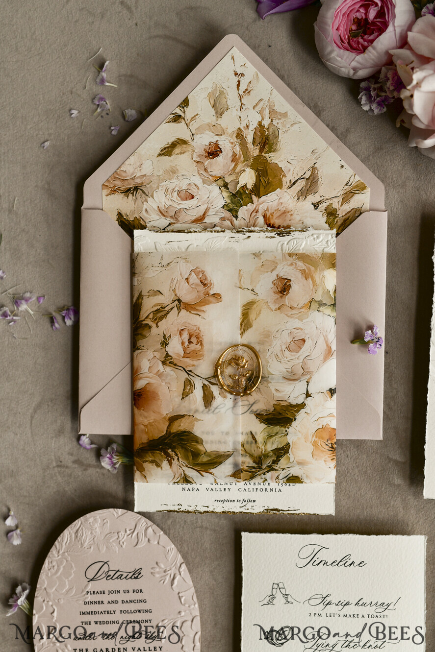 WEDDING INVITATIONS embossed invites Blush Pink Velvet Wedding Invitations – Embossed Floral Invitations with Deckled Edges, Wax Seal & Fine Art Paper