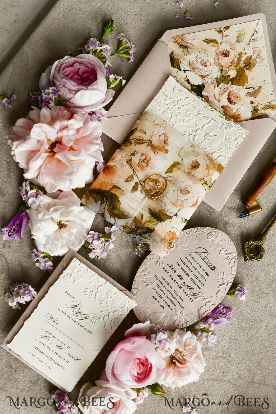 WEDDING INVITATIONS embossed invites Blush Pink Velvet Wedding Invitations – Embossed Floral Invitations with Deckled Edges, Wax Seal & Fine Art Paper