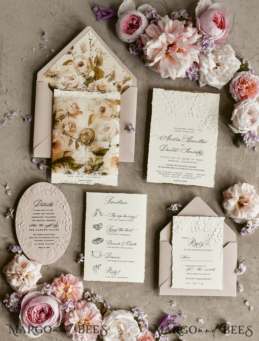 WEDDING INVITATIONS embossed invites Blush Pink Velvet Wedding Invitations – Embossed Floral Invitations with Deckled Edges, Wax Seal & Fine Art Paper